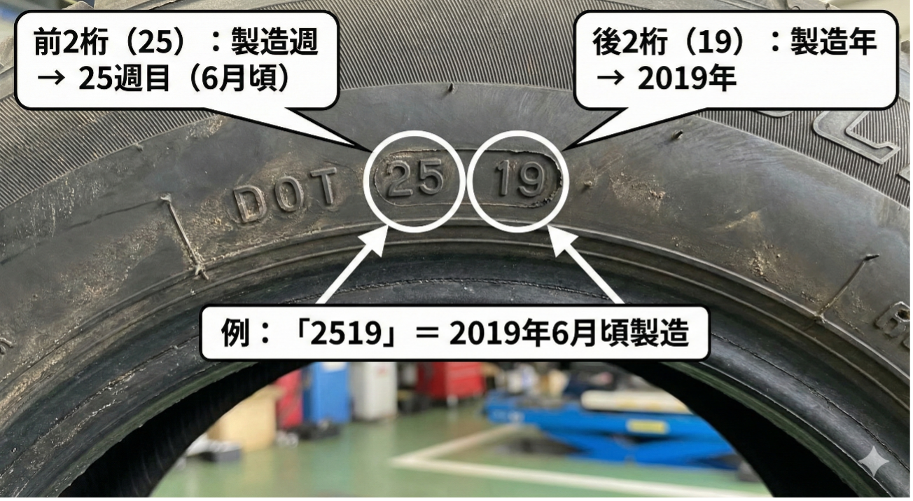 DOT番号の読み方 - タイヤの製造年週の確認方法